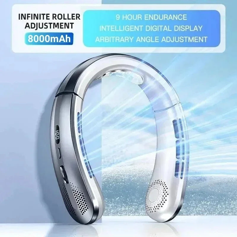 8000mAh Electric Hanging Neck Fan Portable Bladeless Mini Rechargeable Mute LED Digital Display Air Cooler For Outdoor