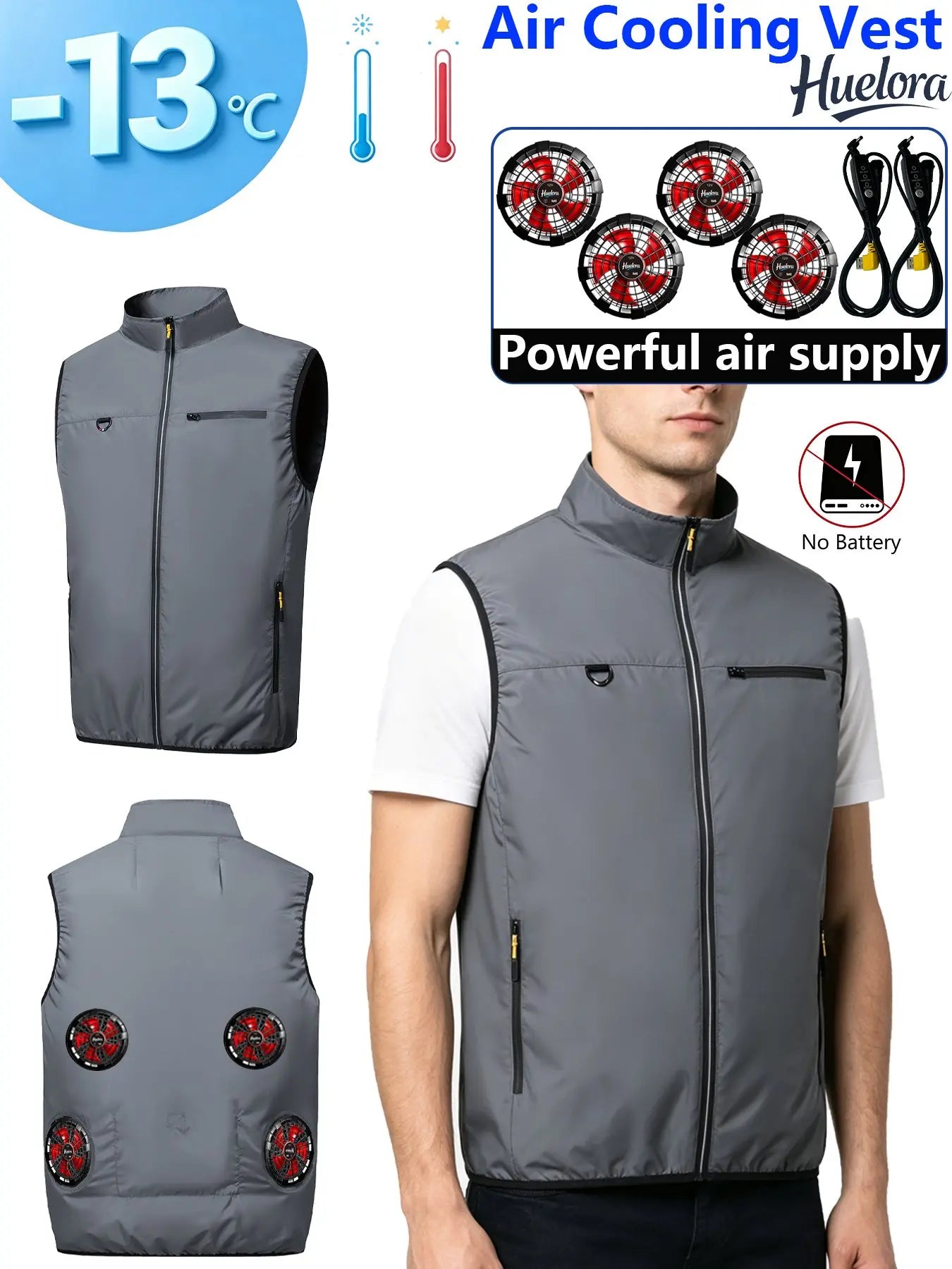 4FAN Solid Color Stand Collar Air Cooling Vest Men Dual Fans USB Summer Work Sleeveless Waistcoat Outdoor Fishing Cooling Jacket