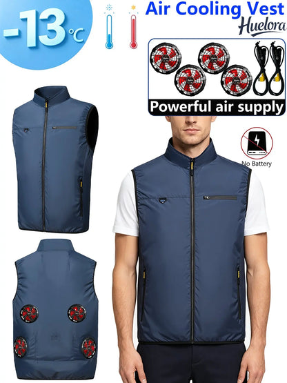 4FAN Solid Color Stand Collar Air Cooling Vest Men Dual Fans USB Summer Work Sleeveless Waistcoat Outdoor Fishing Cooling Jacket