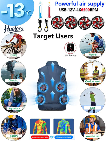 4FAN Solid Color Stand Collar Air Cooling Vest Men Dual Fans USB Summer Work Sleeveless Waistcoat Outdoor Fishing Cooling Jacket
