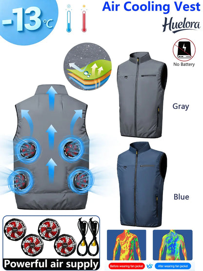 4FAN Solid Color Stand Collar Air Cooling Vest Men Dual Fans USB Summer Work Sleeveless Waistcoat Outdoor Fishing Cooling Jacket