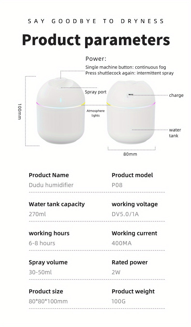 270ML Air Humidifier Cool Mist Aroma Diffuser LED Night Light  power-off protect USB Humidificador For Home Office